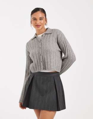 ONLY - Gilet à col en maille torsadée - Gris