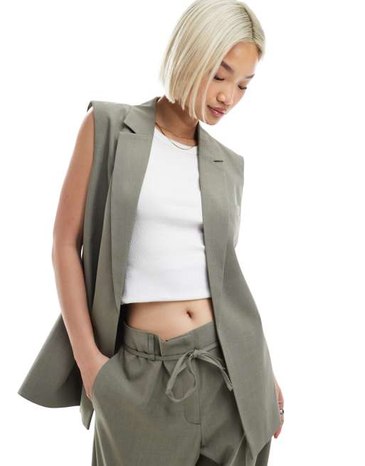 ONLY - Gilet aperto taglio lungo grigio salvia in coordinato