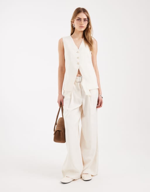 ONLY - Gilet e pantaloni a fondo ampio sartoriali color crema in coordinato