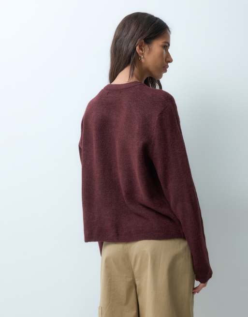 ONLY gilet en maille à manches longues col rond bordeaux, 2 de 4