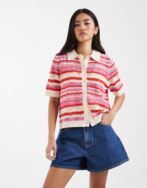 ONLY - Gilet manches courtes au crochet à rayures - Beige et rose - view 1