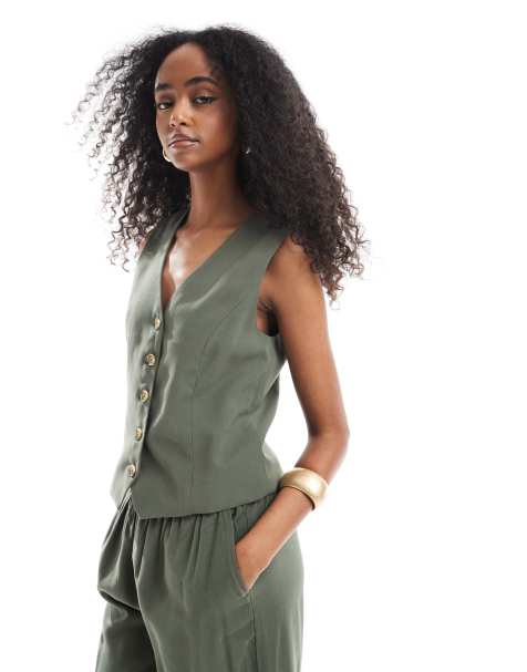 ONLY - Gilet sartoriale in twill kaki in coordinato - view 1