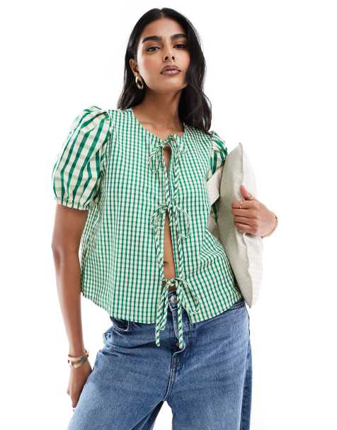 ONLY gingham front tie detail top in green  - view 1