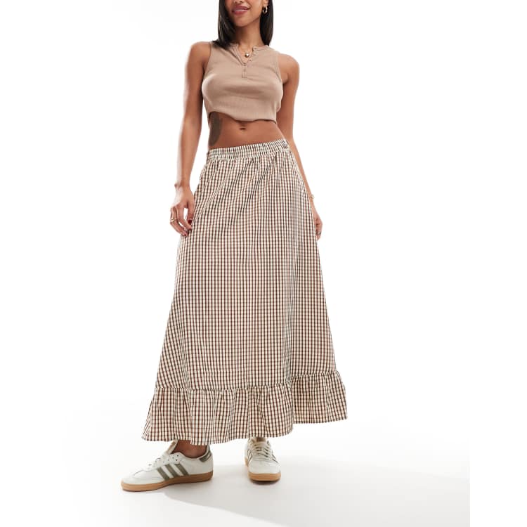 ONLY gingham maxi skirt in brown | ASOS
