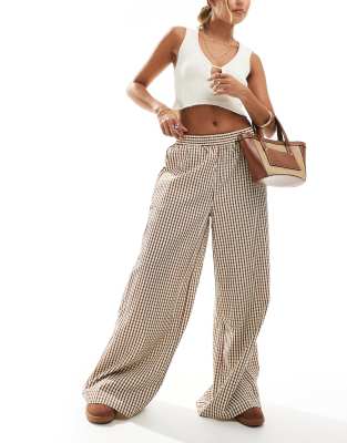 gingham wide leg pants in brown