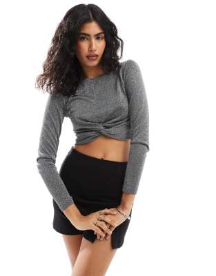 glittery twist front top in sliver-Silver