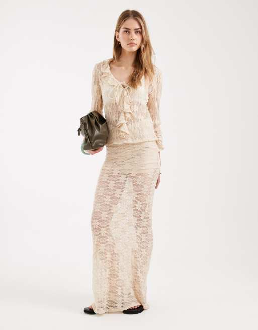 ONLY - Gonna in pizzo color panna in coordinato