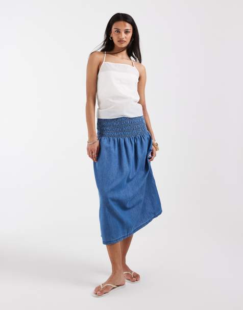 ONLY - Gonna midi a punto smock in denim blu medio - view 1