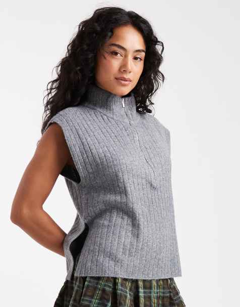 ONLY - Grå og ærmeløs strikvest med kort lynlås - view 1