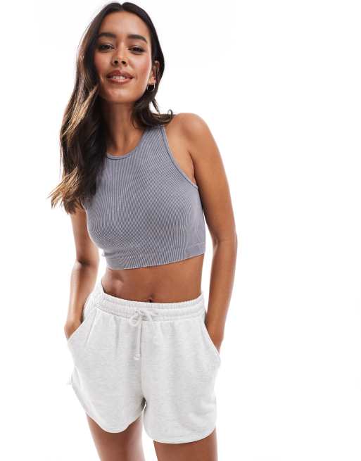 ONLY – Grå, tvättad, ribbad crop top i seamless design 