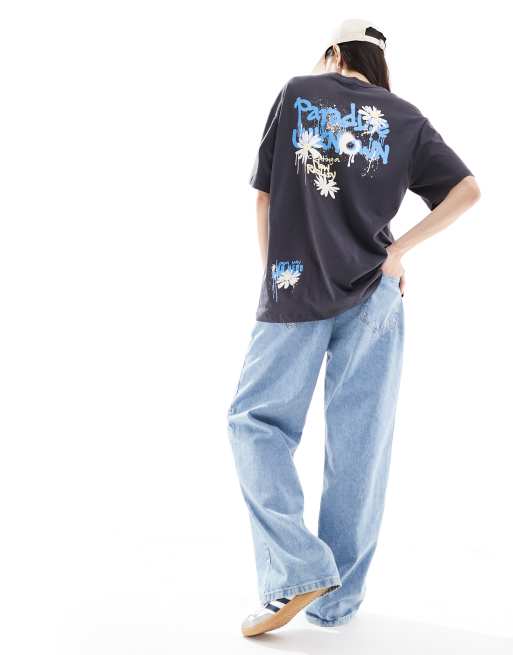 ONLY graffiti back print oversized t-shirt in washed gray 