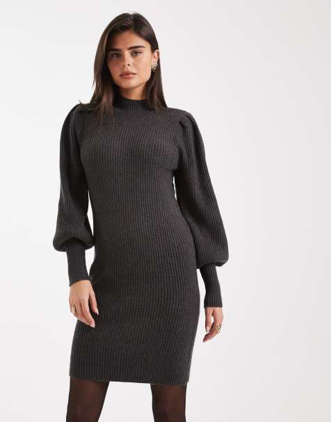 ONLY high neck puff sleeve mini jumper dress in dark grey 