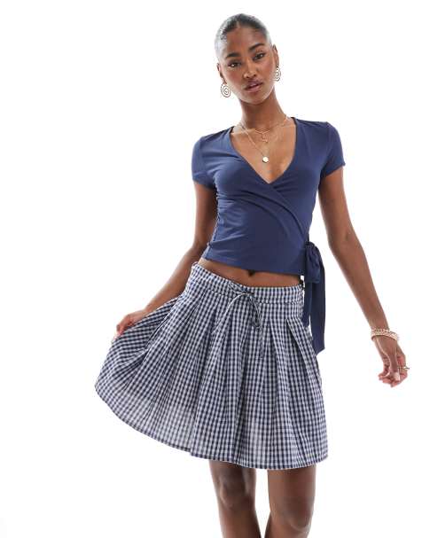 ONLY pleated mini skirt with tie waist in navy gingham