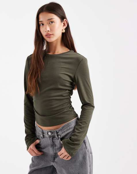 ONLY – Grön, texturerad topp med ryschad detalj - view 1