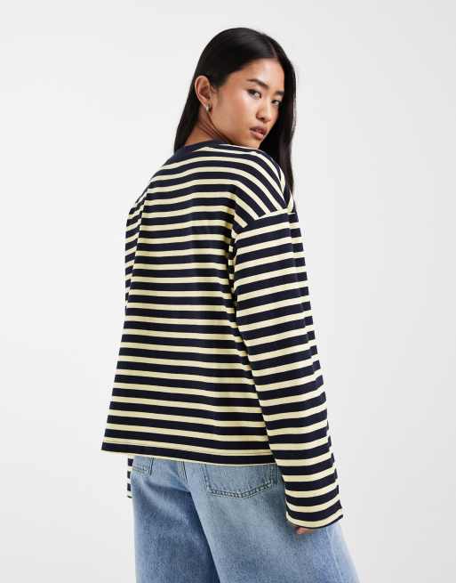 ONLY – Gul och marinblå, randig t-shirt i oversize med långa ärmar, 4 av 4