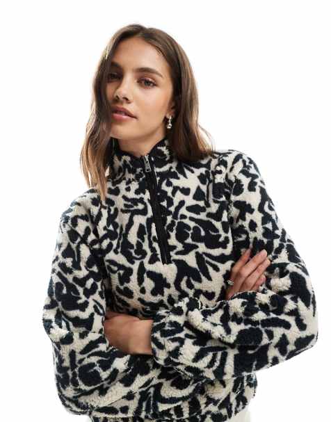 ONLY half zip fleece sweatshirt in black & white print - view 1