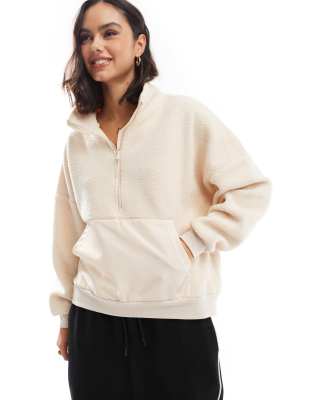 half zip fleece with front pocket in cream-White