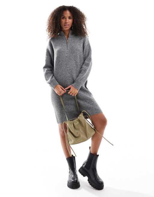 ONLY half zip midi jumper dress in dark grey melange