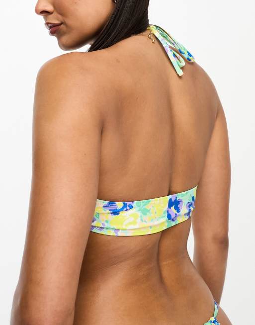 Only halter neck bikini top in yellow floral