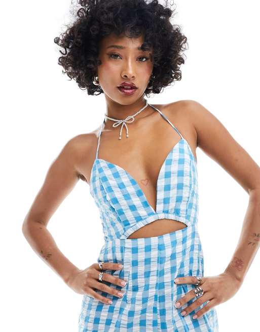 Only halterneck jumpsuit with cut out detail in blue gingham | ASOS