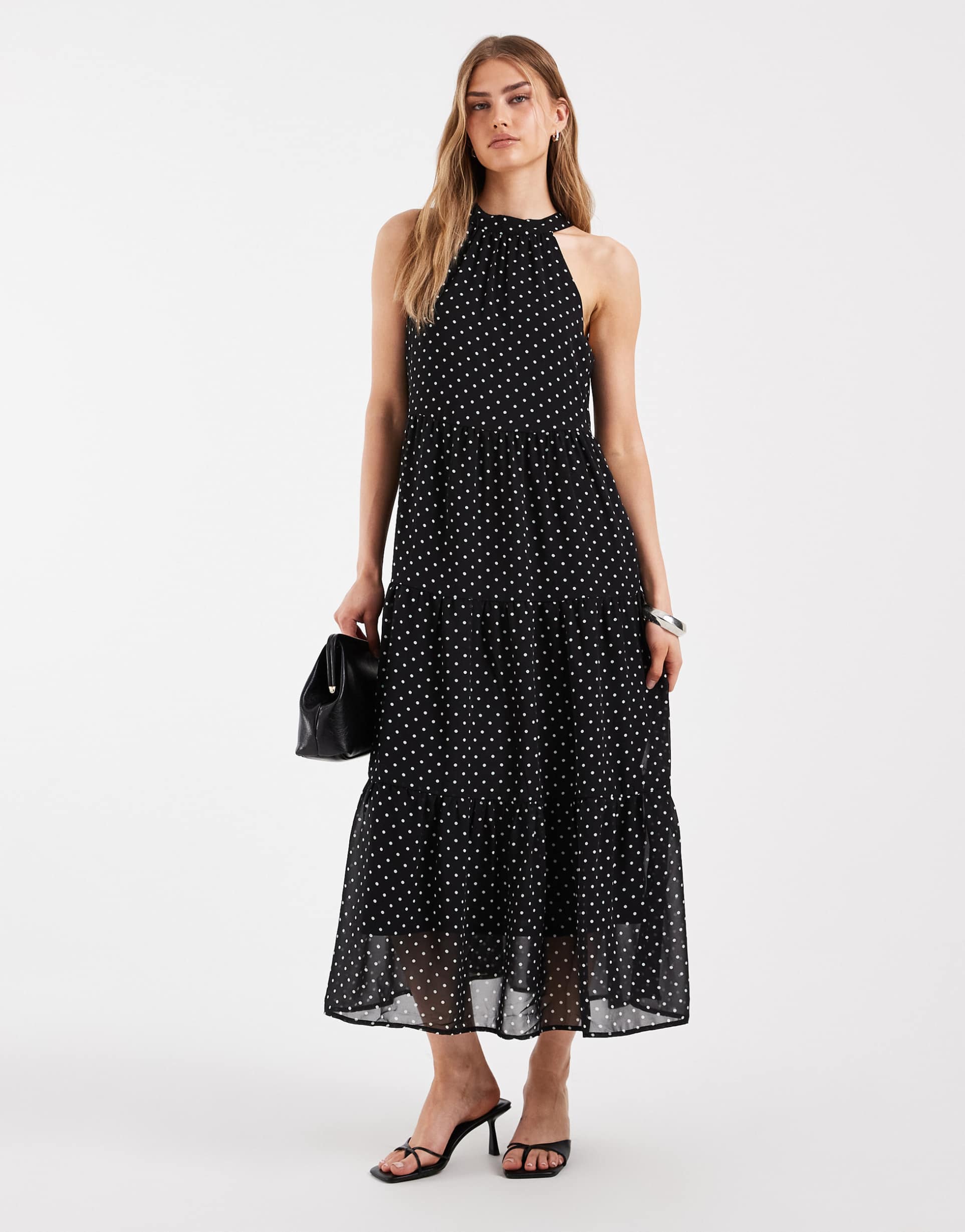 only halterneck midaxi dress in black polka dots