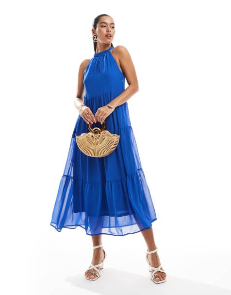 ONLY halterneck tiered maxi dress in bright blue - view 1