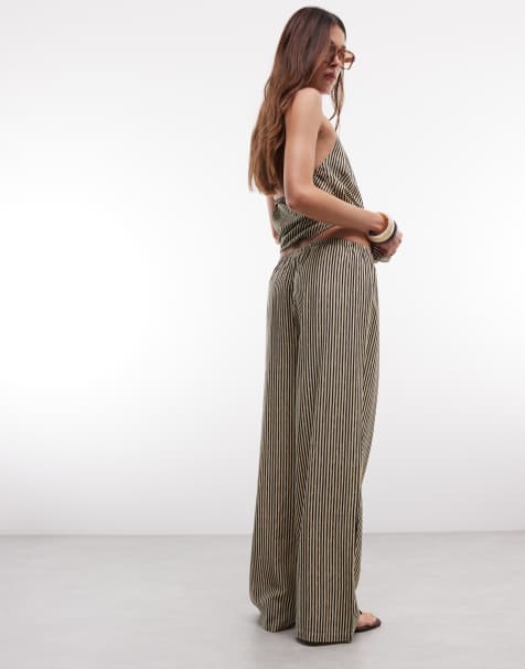 ONLY halterneck top & pull-on pants set in black stripe - view 1