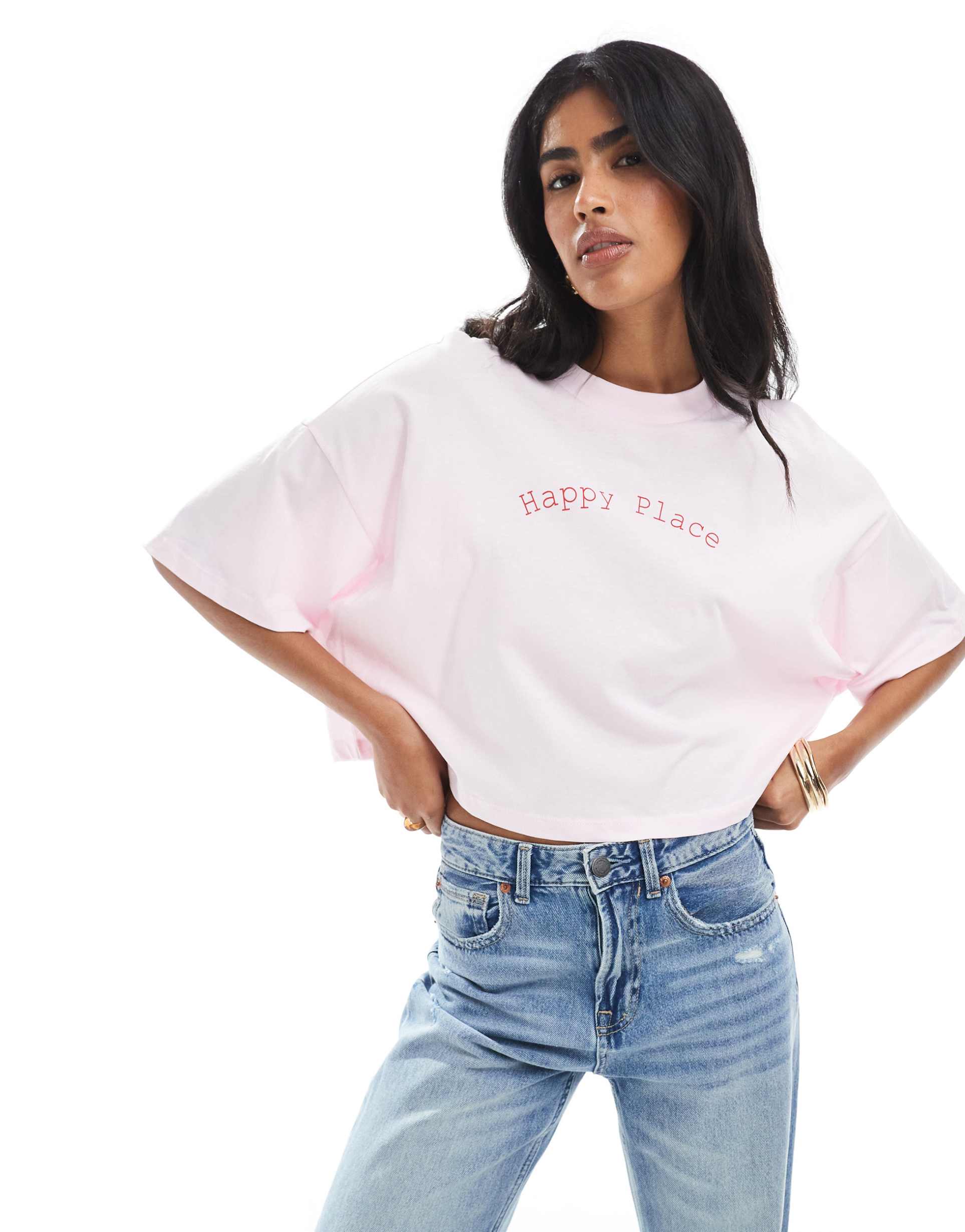 only happy place graphic print cropped t-shirt in pink