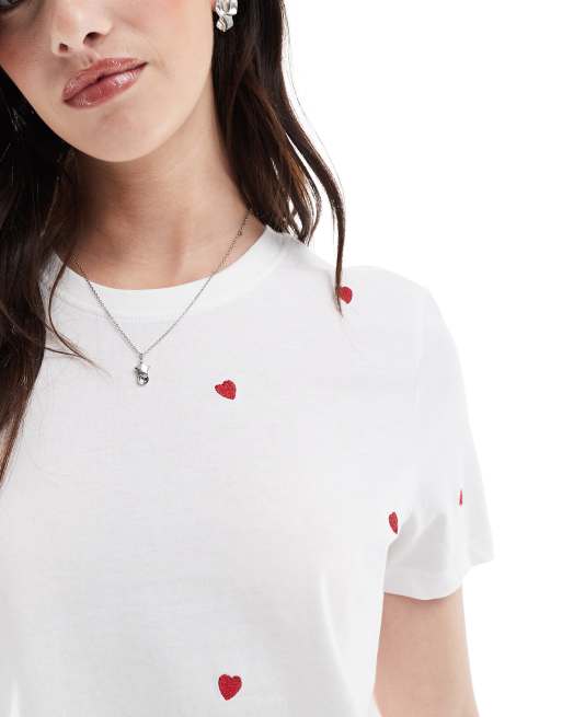ONLY heart embroidery crew neck T-shirt in white, 2 of 4