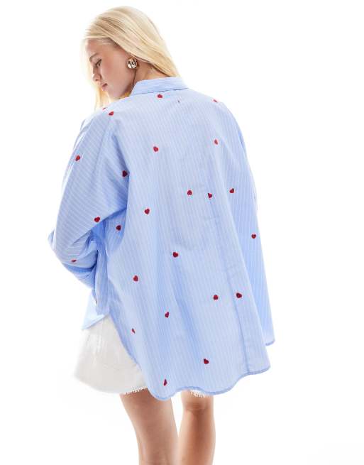 ONLY heart embroidery shirt in blue stripes, 4 of 4