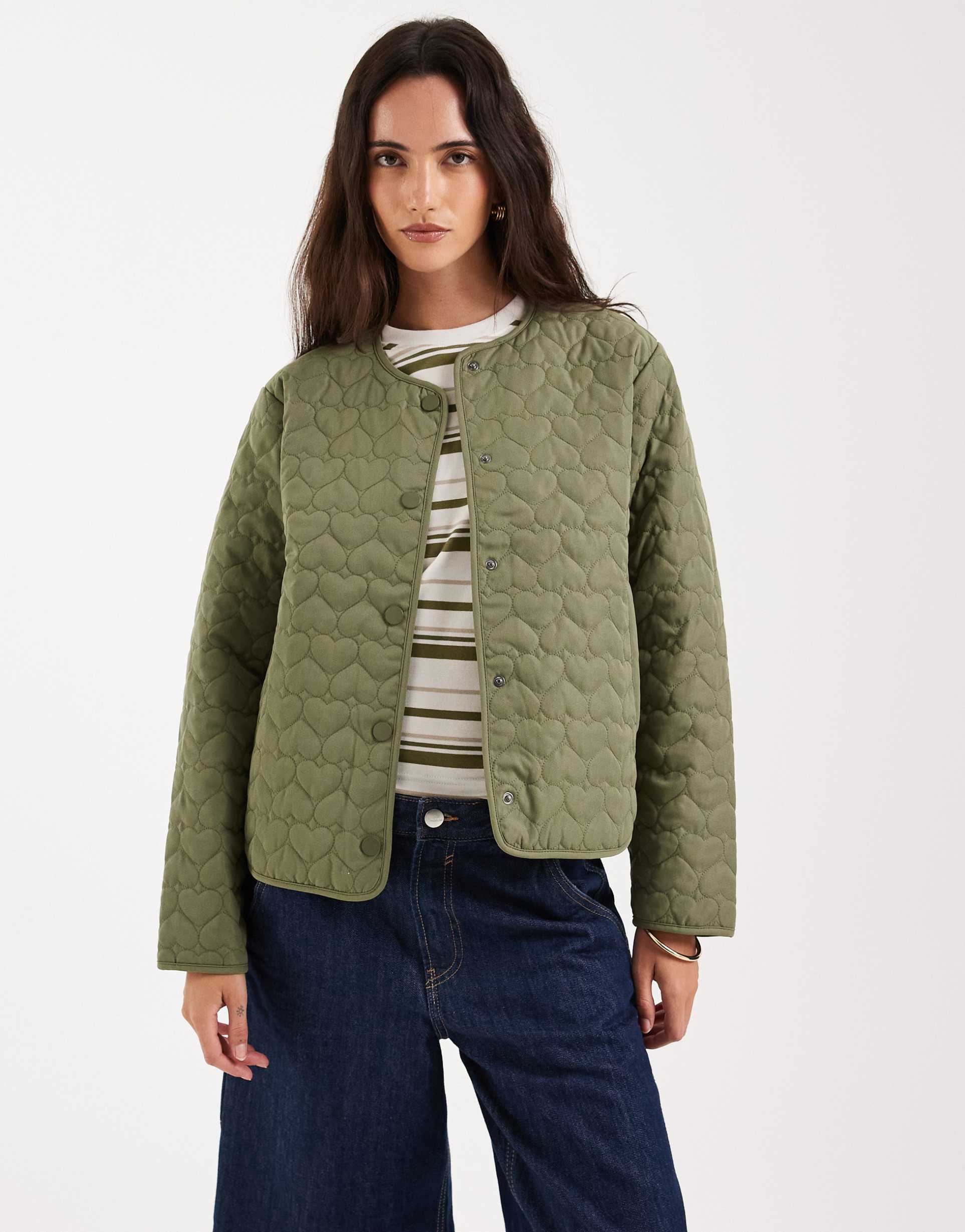 only heart quilted jacket in khaki green