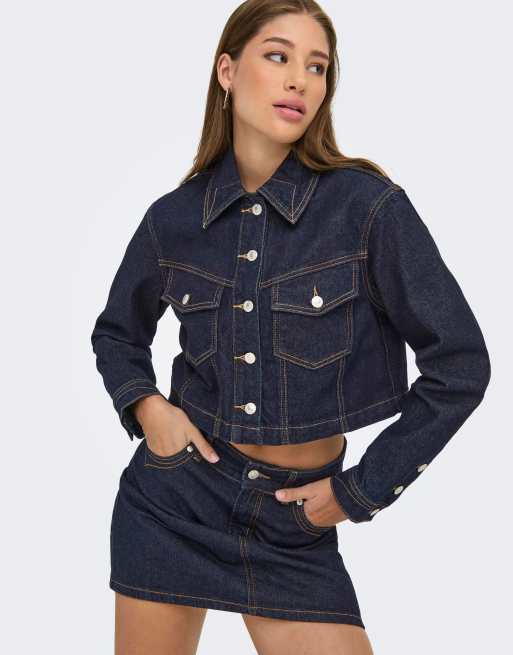 ONLY Heather denimjacka med bred krage i mörkblå denim, 4 av 7