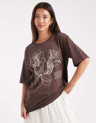 Only Hibiscus Graphic Oversized T-shirt In Brown