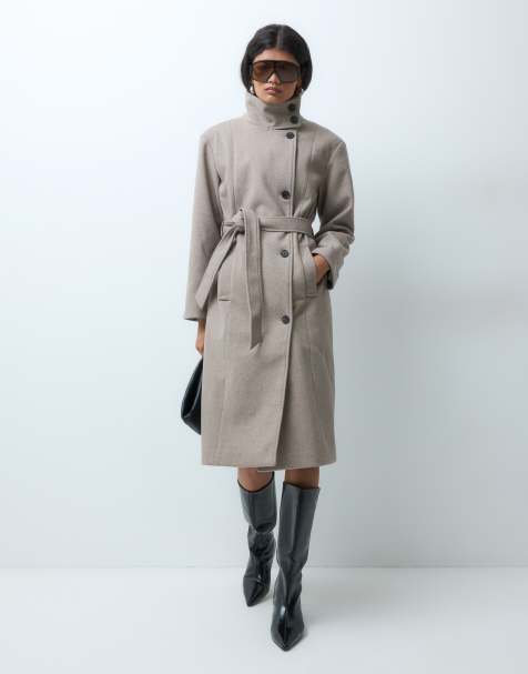 ONLY high neck belted maxi coat in beige - view 1