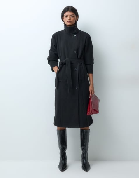 ONLY high neck belted maxi coat in black - view 1