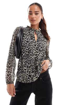 high neck blouse in animal print-Black