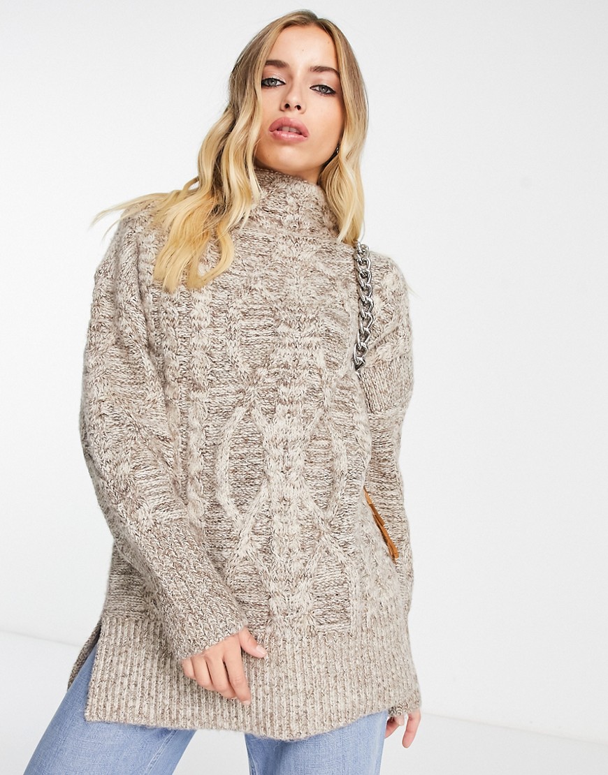 Only high neck cable knit sweater in beige-Neutral