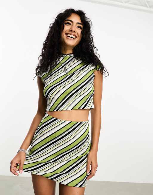 Only high neck cropped t-shirt in khaki stripe (part of a set) 