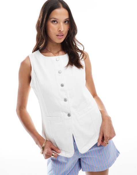 ONLY high neck denim waistcoat in white - view 1