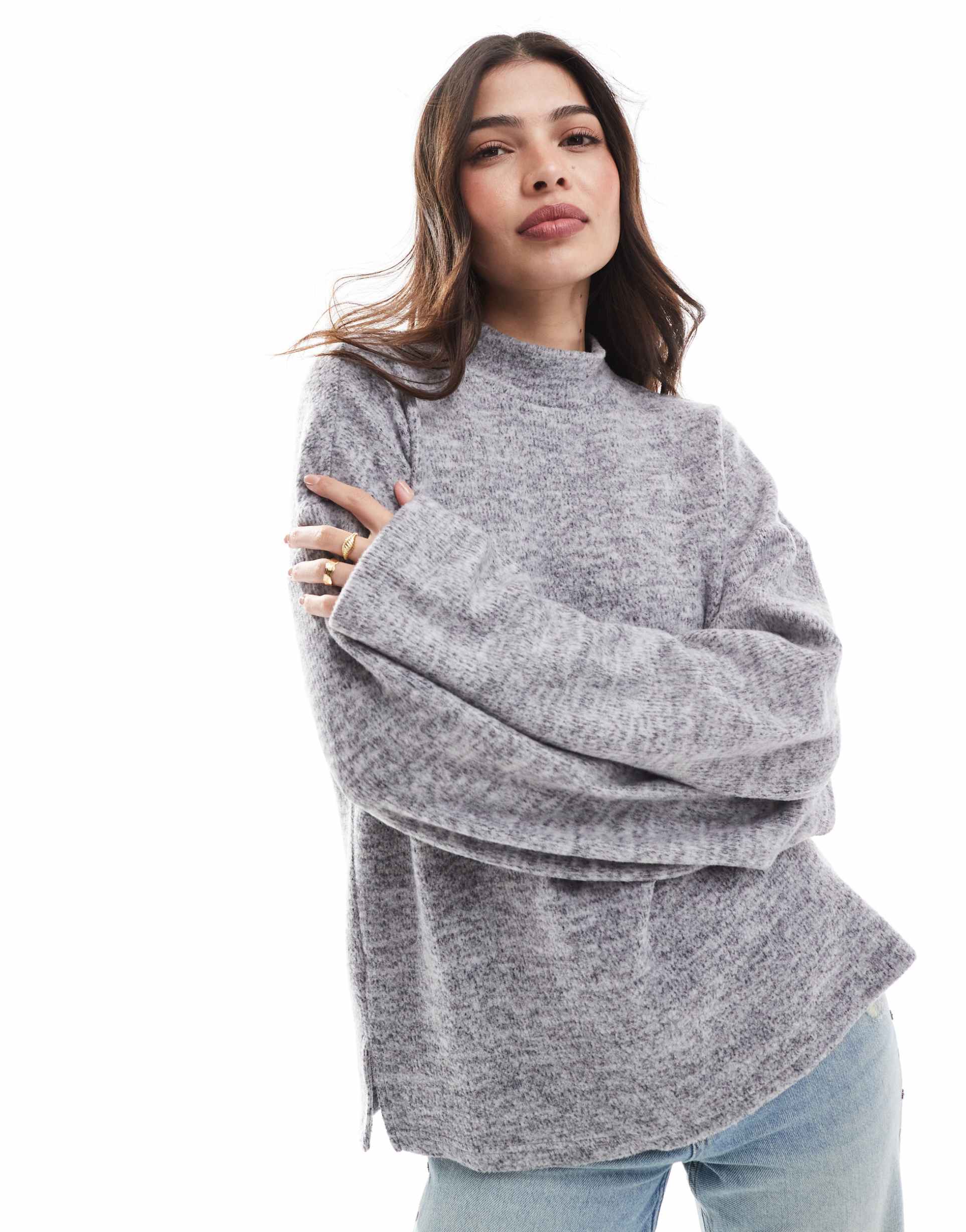 only high neck fluffy slouchy sweatshirt in gray