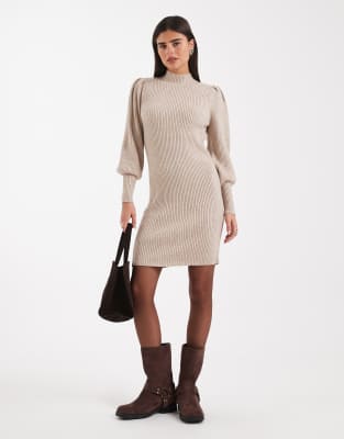 Shop ONLY high neck jumper dress with bell sleeve in beige Online – Trendy & Affordable Fashion