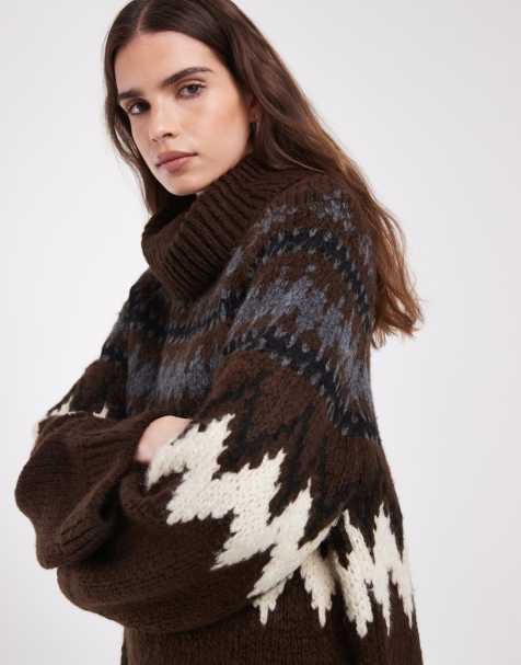 ONLY high neck knit jumper in chocolate fairisle - view 1