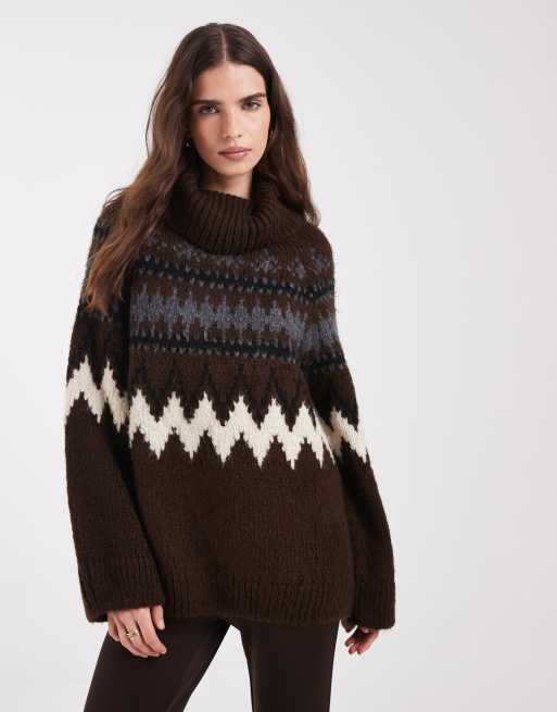 ONLY high neck knit jumper in chocolate fairisle , 3 of 4