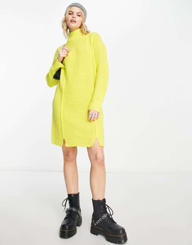 Only high neck knitted mini dress with seam detail in lime