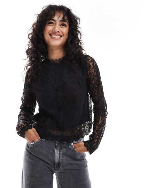ONLY high neck lace top in black - view 1