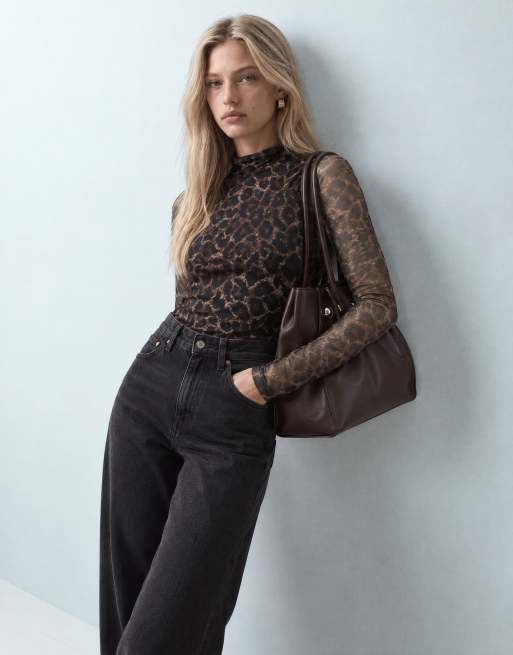 ONLY high neck long sleeve mesh top with sheer sleeves in leopard, 5 of 8
