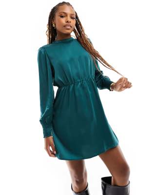 high neck long sleeve satin mini dress in emerald green