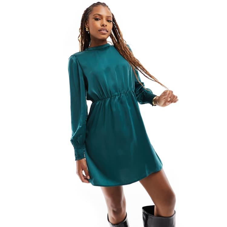 short long sleeve emerald green dress Green Satin Long Sleeve Mini Dress main image 1