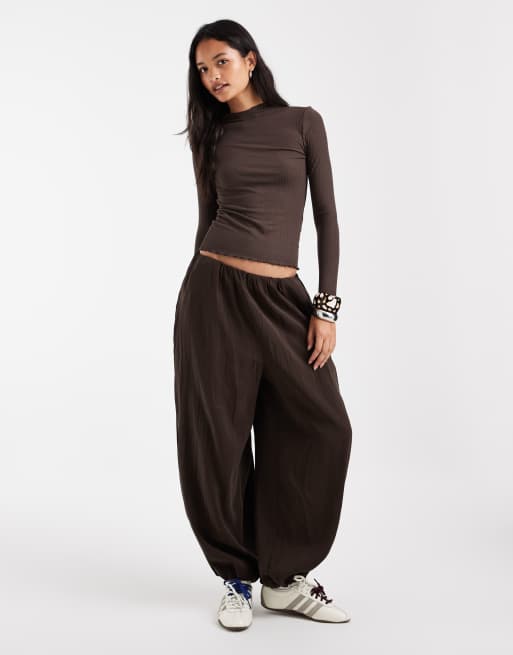 ONLY high neck long sleeve top with lettuce edge in chocolate brown, 2 of 4