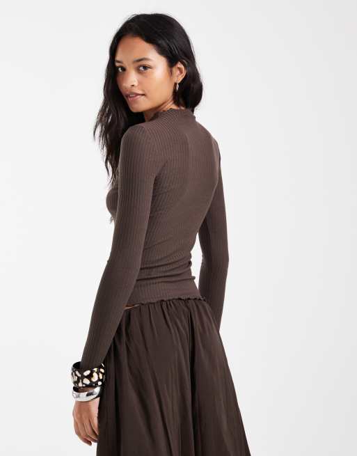 ONLY high neck long sleeve top with lettuce edge in chocolate brown, 4 of 4